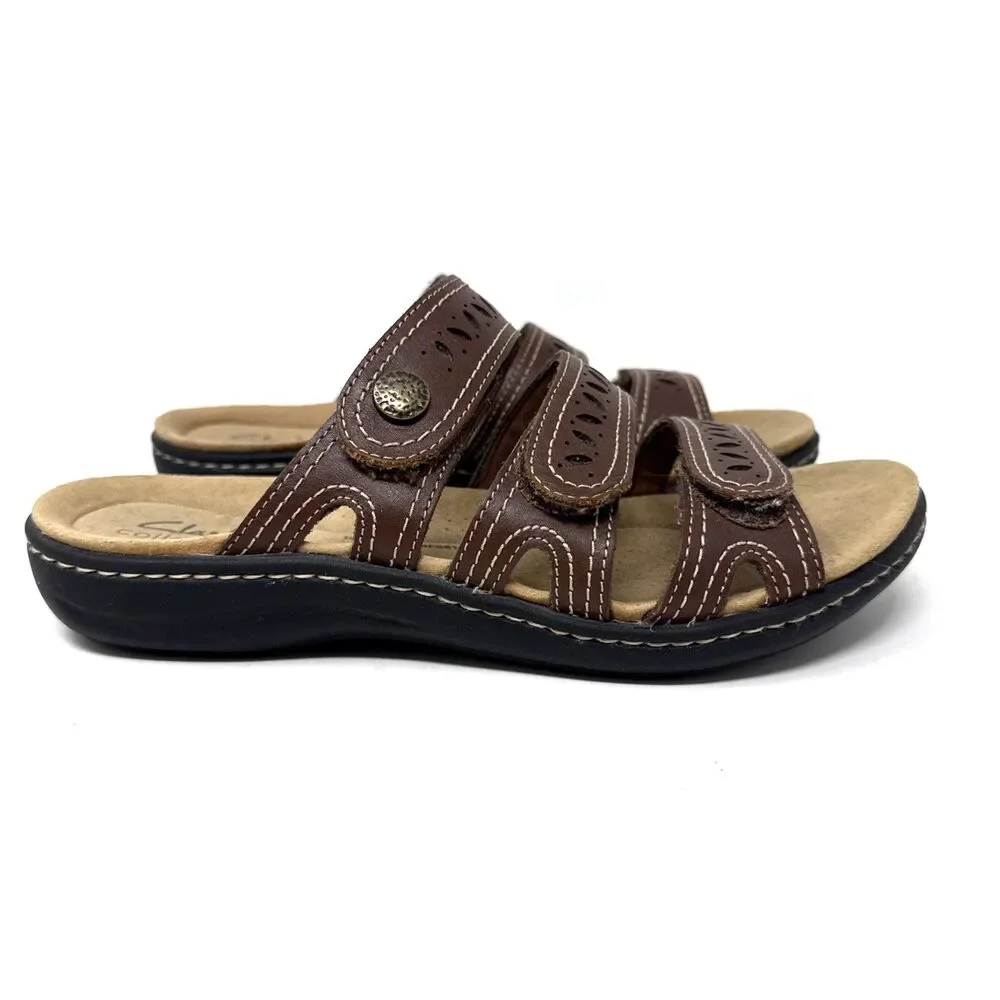 Clarks Collection Laurieann Dee Leather Sandals Womens Sz 7 Strappy Low Wedge